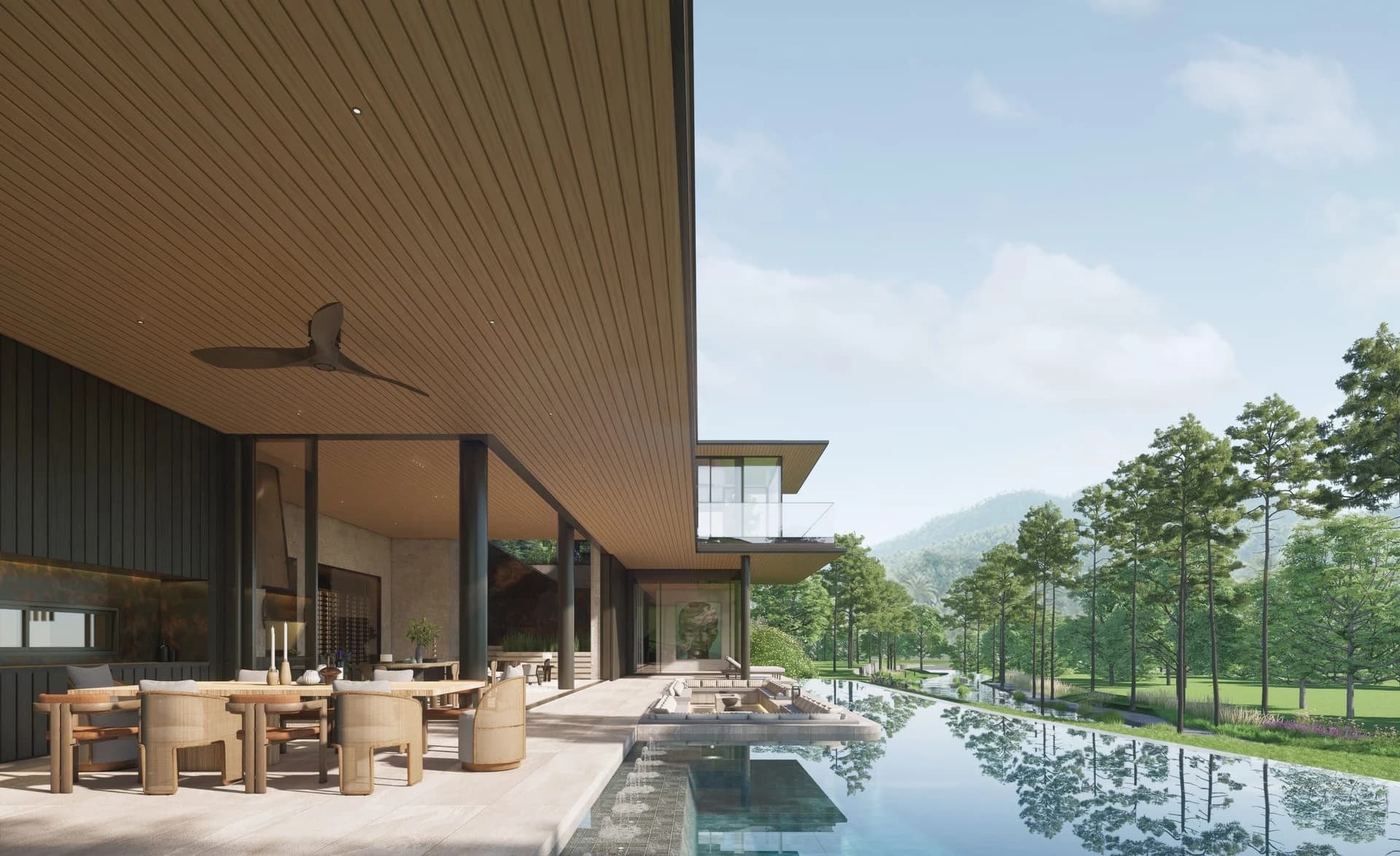 Astra: the pool terrace and the covered lounge under the upper floor