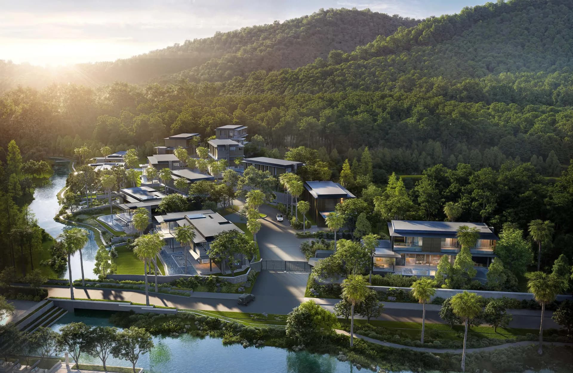 Anann Villas from the south: the twelve villas on the slope, the creek along the east side