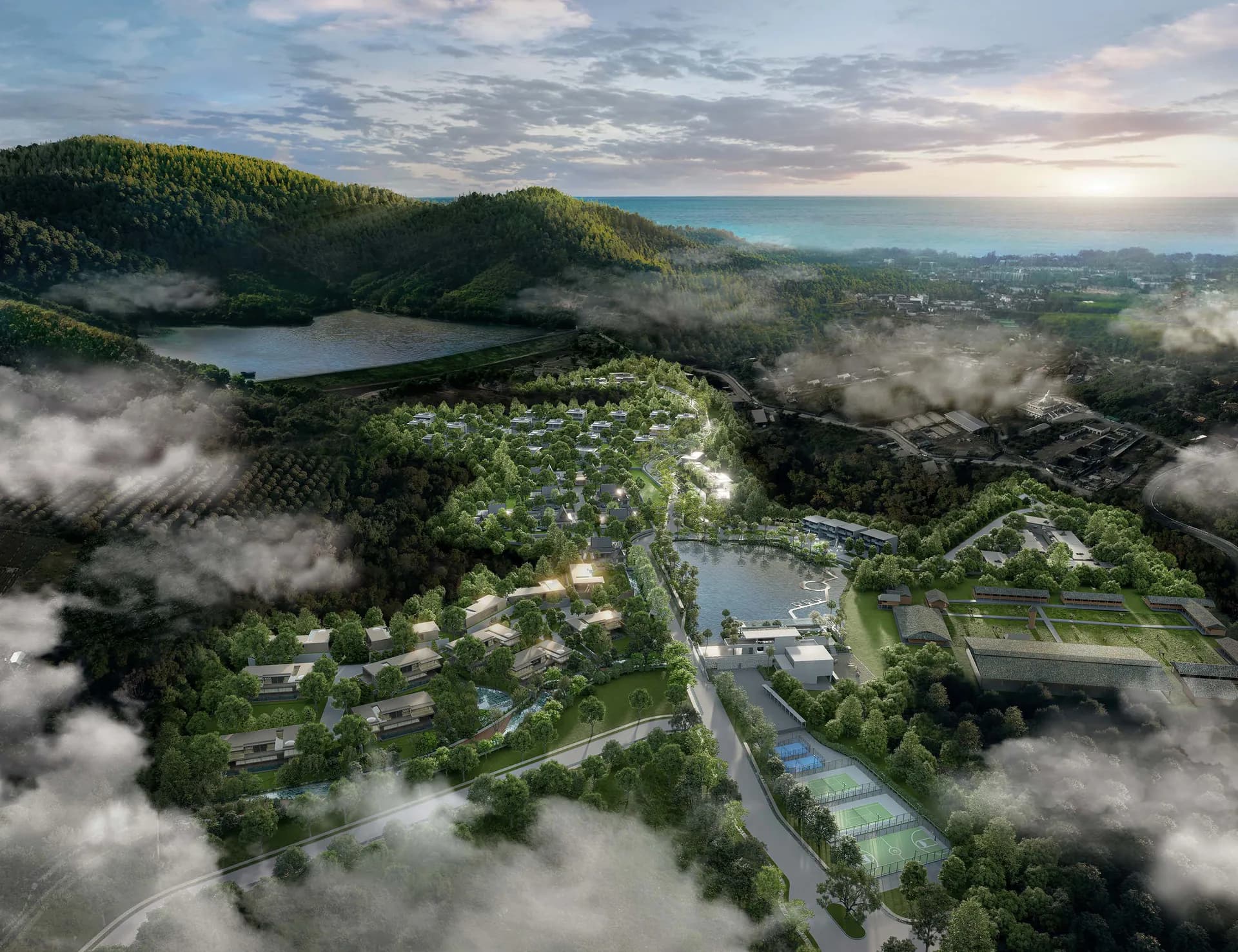 Mira Valley from the air: the 550-rai estate, the reservoir and the Kamala mountain range